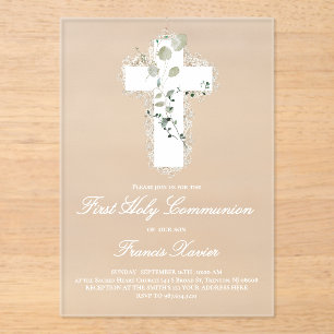 Invitations En Acrylique première communion feuilles vertes croix blanche