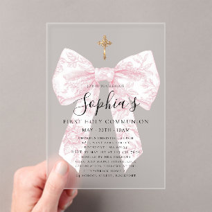 Invitations En Acrylique Première communion fille croix à nœud toile rose g