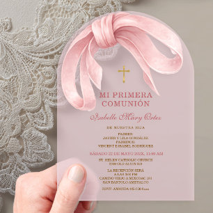 Invitations En Acrylique Première Communion Fille Ruban Rose Acrylique Croi
