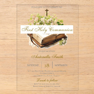 Invitations En Acrylique Première communion florale pour fille