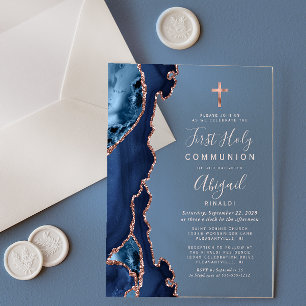 Invitations En Acrylique Première communion Rose Gold Agate Bleu Marine