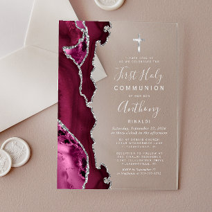 Invitations En Acrylique Première communion texte argent Agate Bourgogne