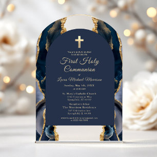 Invitations En Acrylique Première Sainte Communion Agate Or Bleu Marine