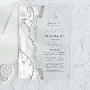 Invitations En Acrylique Première Sainte Communion Grise Agate Argentée