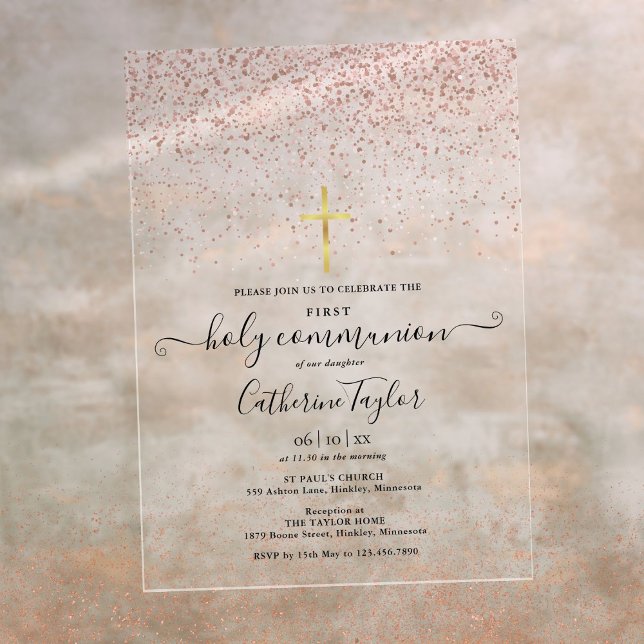 Invitations En Acrylique Première Sainte Communion Paillettes Or Rose Moder (Modern Rose Gold Glitter First Holy Communion Acrylic Invitations)