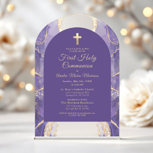 Invitations En Acrylique Première Sainte Communion Purple Or Agate Élégant