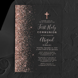 Invitations En Acrylique Première Sainte Communion Rose Gold Pailleté Rose 