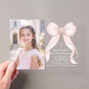 Invitations En Acrylique Première Sainte Communion Rose Pâle Nœud Chrétien