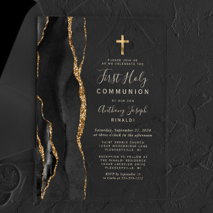 Invitations En Acrylique Première Sainte Communion texte or Agate noire