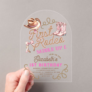 Invitations En Acrylique Premiers rodéos pour filles roses 1er anniversaire