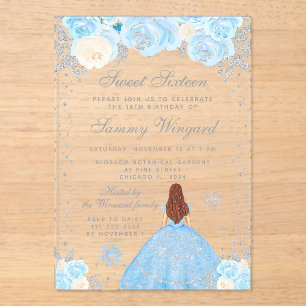 Invitations En Acrylique Princesse aux Cheveux Bruns Hiver Bleu Sweet Seize