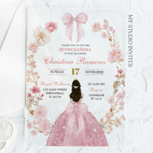 Invitations En Acrylique Princesse coquette Ruban Rose floral Quinceanera
