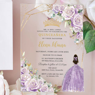 Invitations En Acrylique Princesse Fleurie Lilas Violet Quinceañera XV Or