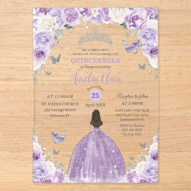 Invitations En Acrylique Princesse Florale Blanche Violette Quinceañera XV  (Recto)