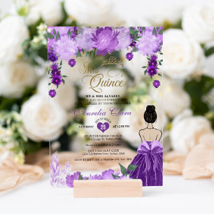 Invitations En Acrylique Princesse florale mauve Mis Quince Quinceañera