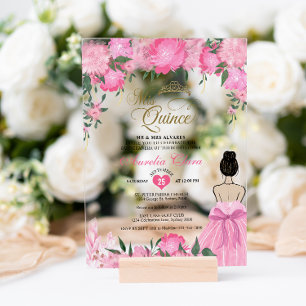 Invitations En Acrylique Princesse Florale rose pâle Mis Quince Quinceañera