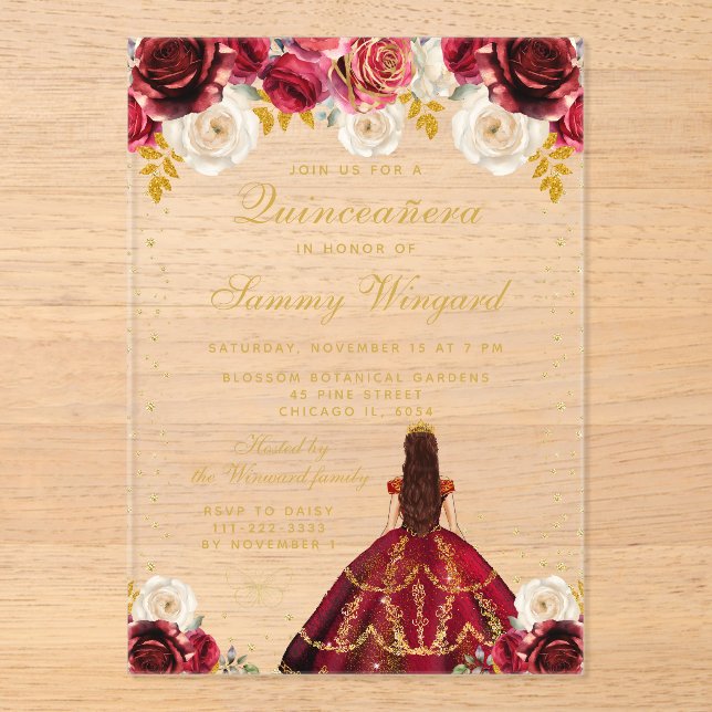 Invitations En Acrylique Princesse Florale Rouge Quinceañera (Recto)