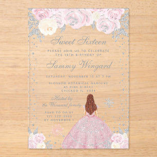 Invitations En Acrylique Princesse Sweet Seize Cheveux Brun Hiver Rose