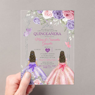 Invitations En Acrylique Princesse Twin Argent Violet Et Rose Quinceañera