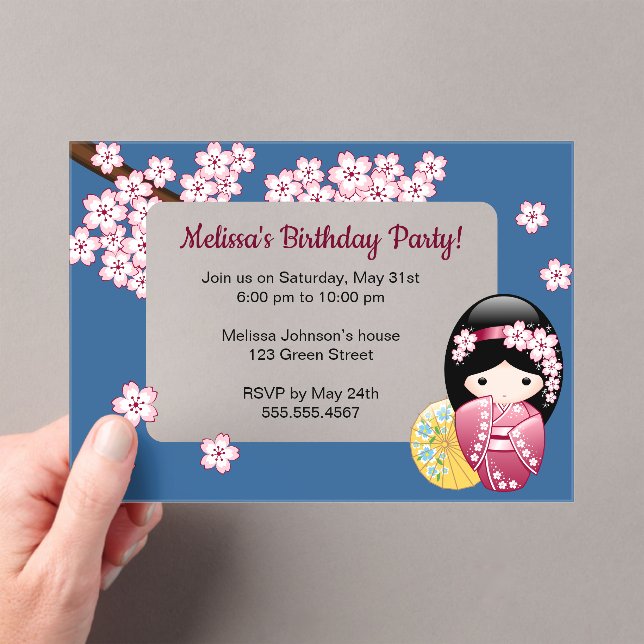 Invitations En Acrylique Printemps Kokeshi Bleu Transparent Fenêtre Anniver (In situ (ordinateur de poche))