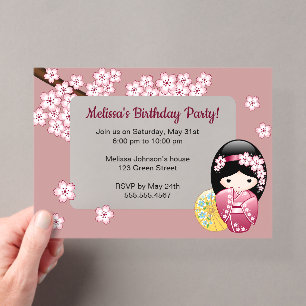 Invitations En Acrylique Printemps Kokeshi rose fenêtre transparente Annive