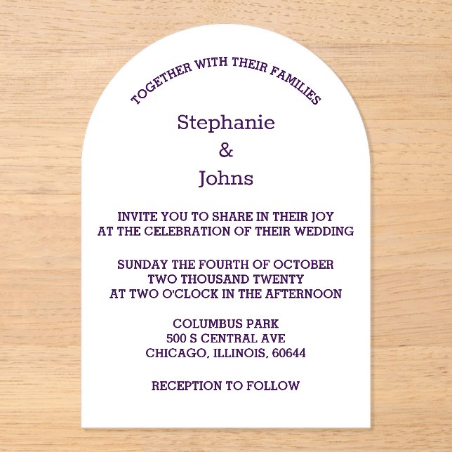 Invitations En Acrylique Purple Blanc Élégant Script Moderne Simple Mariage (Recto)
