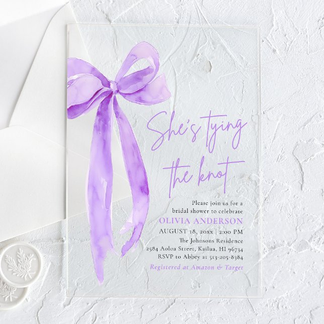 Invitations En Acrylique Purple Bow Elle Tying the Knot Fête des mariées (Créateur téléchargé)