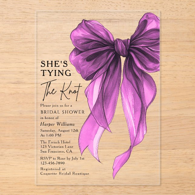 Invitations En Acrylique Purple Bow She's Tying The Knot Bridal Shower (Recto)