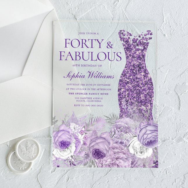 Invitations En Acrylique Purple Dress Floral 40 & Fabulous 40th Birthday (Créateur téléchargé)
