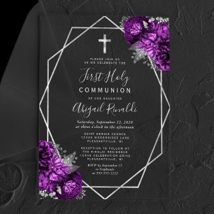 Invitations En Acrylique Purple Floral Silver Texte Première Sainte Communi