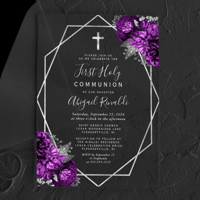 Invitations En Acrylique Purple Floral Silver Texte Première Sainte Communi (Créateur téléchargé)