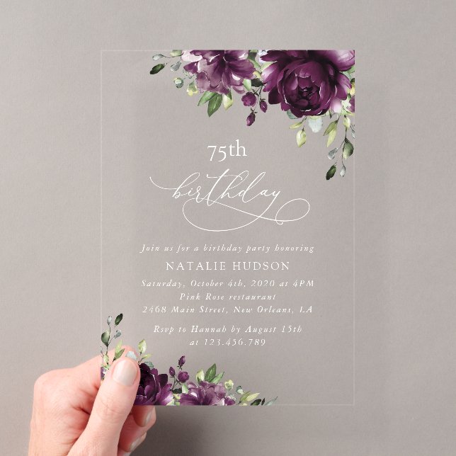 Invitations En Acrylique Purple Flowers, Plum Flowers, Boho, Birthday (In situ (ordinateur de poche))