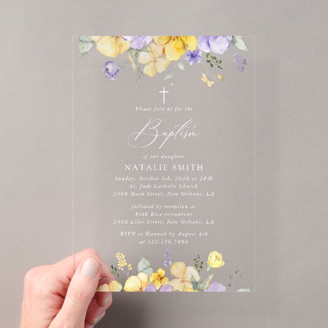 Invitations En Acrylique Purple Flowers, Yellow Flowers, Boho, Baptism (In situ (ordinateur de poche))
