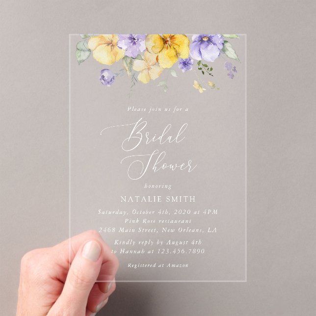 Invitations En Acrylique Purple Flowers, Yellow Flowers, Bridal Shower (In situ (ordinateur de poche))