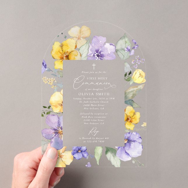 Invitations En Acrylique Purple Flowers, Yellow Flowers, First Communion (In situ (ordinateur de poche))