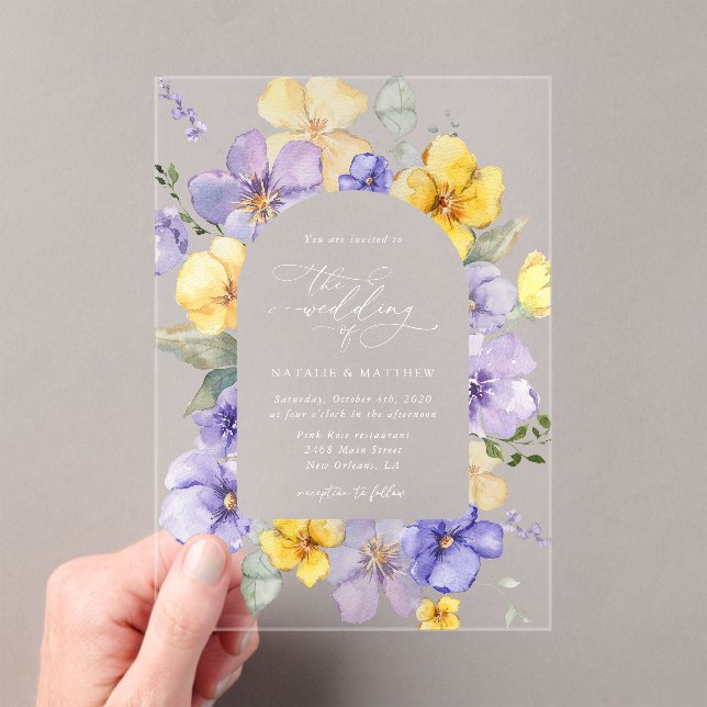 Invitations En Acrylique Purple Flowers, Yellow Flowers, Greenery, Wedding (In situ (ordinateur de poche))