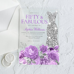 Invitations En Acrylique Purple Lavender & Silver 50e fête d'anniversaire