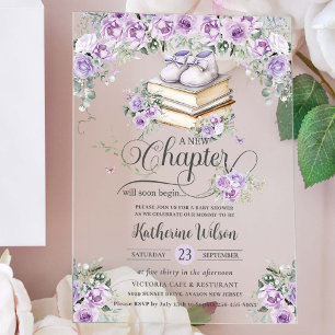 Invitations En Acrylique Purple Lilac Floral Livre Nouveau Chapitre Baby sh