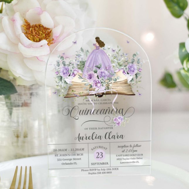 Invitations En Acrylique Purple Lilac Floral Livre Nouveau Chapitre Quincea (Créateur téléchargé)