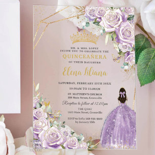Invitations En Acrylique Purple Lilac Floral Princess Gold Quinceanera 15