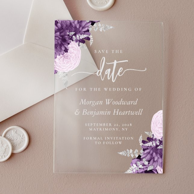 Invitations En Acrylique Purple Lilac Silver Floral Wedding Save the Date (Créateur téléchargé)