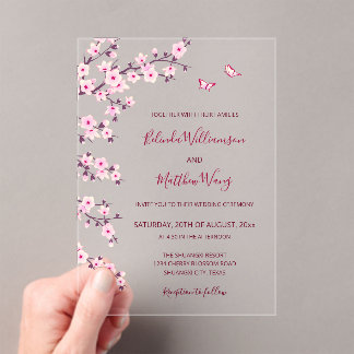 Invitations En Acrylique QR Code | Cherry Blossoms  Pink White Wedding