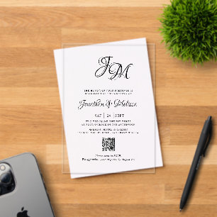 Invitations En Acrylique QR Code tout en un Mariage de script monogramme él