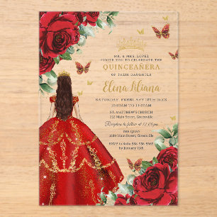 Invitations En Acrylique Quinceañera 15 Douce 16 Roses Rouges Fleurs Floral