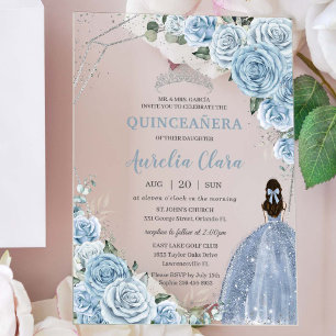 Invitations En Acrylique Quinceañera 16 Baby Blue Floral Princess Silver