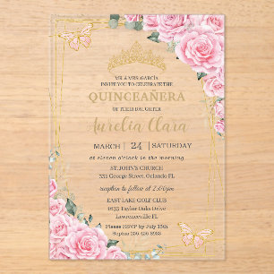 Invitations En Acrylique Quinceanera 16 Roses roses Floral floral Or papill