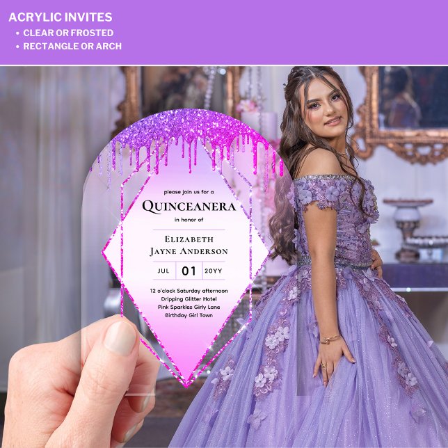 Invitations En Acrylique Quinceanera ACRYLIQUE Parties scintillant rose pou (Créateur téléchargé)