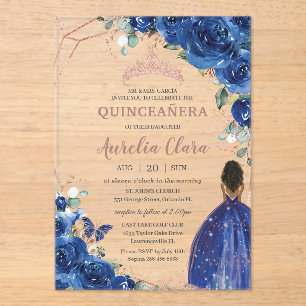 Invitations En Acrylique Quinceañera Anniversaire Royal Blue Floral Brown f