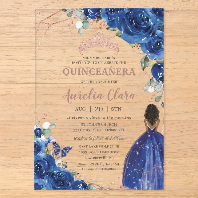 Invitations En Acrylique Quinceañera Anniversaire Royal Blue Floral Brown f (Recto)