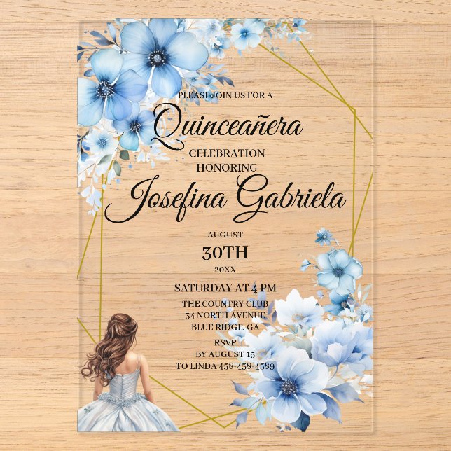 Invitations En Acrylique Quinceanera blue floral (Recto)